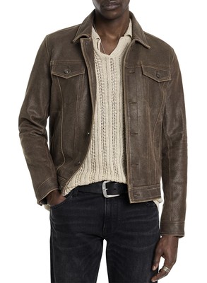 John Varvatos Mens Andrew Distressed Leather Trucker Jacket 48 Brown - NWT $698