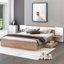 Queen Size Platform Bed Frames with Headboard Drawers Shelves USB Ports Sockets 