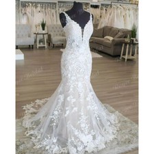 V Neck Lace Sleeveless Mermaid Boho Wedding Dresses Appliques Open Back Train