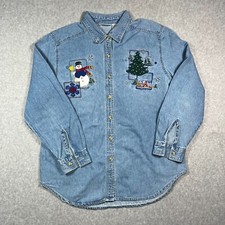 VTG Bobbie Brooks Women's Sz L Denim Button Up Shirt Christmas Embroidered