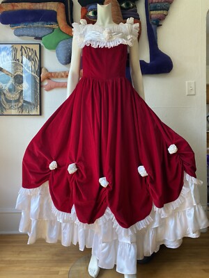 Vintage RED WINE VELVET White Lace Southern Belle Prom Party Dress  Recollections