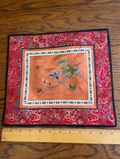 VINTAGE CHINA SILK EMBROIDERED PANEL MORNING GLORY BUTTERFLY SQUARE  (F)
