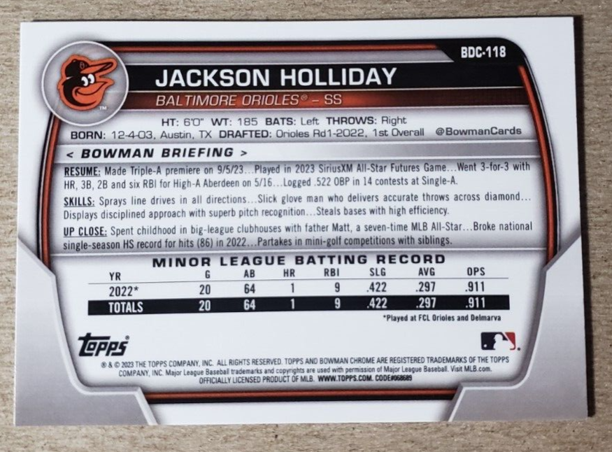 2023 Bowman Chrome Draft Yellow Refractor Jackson Holliday /75 ...