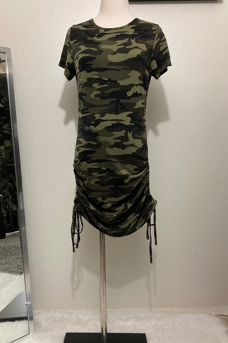 camo print bodycon dress Camo Print Ruched Drawstring Bodycon Mini Dress