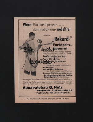 STUTTGART, Werbung 1941, Apparatebau G. Notz Lackiertechnik