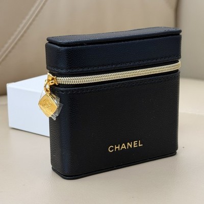 CHANEL Small Cosmetic Pouch Mini Makeup Bag Black Zip Case 3.5 Inch