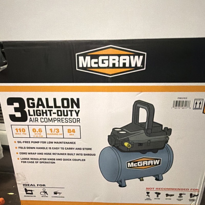McGRAW 3 Gallon Light-Duty Oil-Free Air Compressor 110 PSI MPN 57572