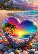 5D Diamond Painting Kit Heart Stone Beach 12x16 Inch