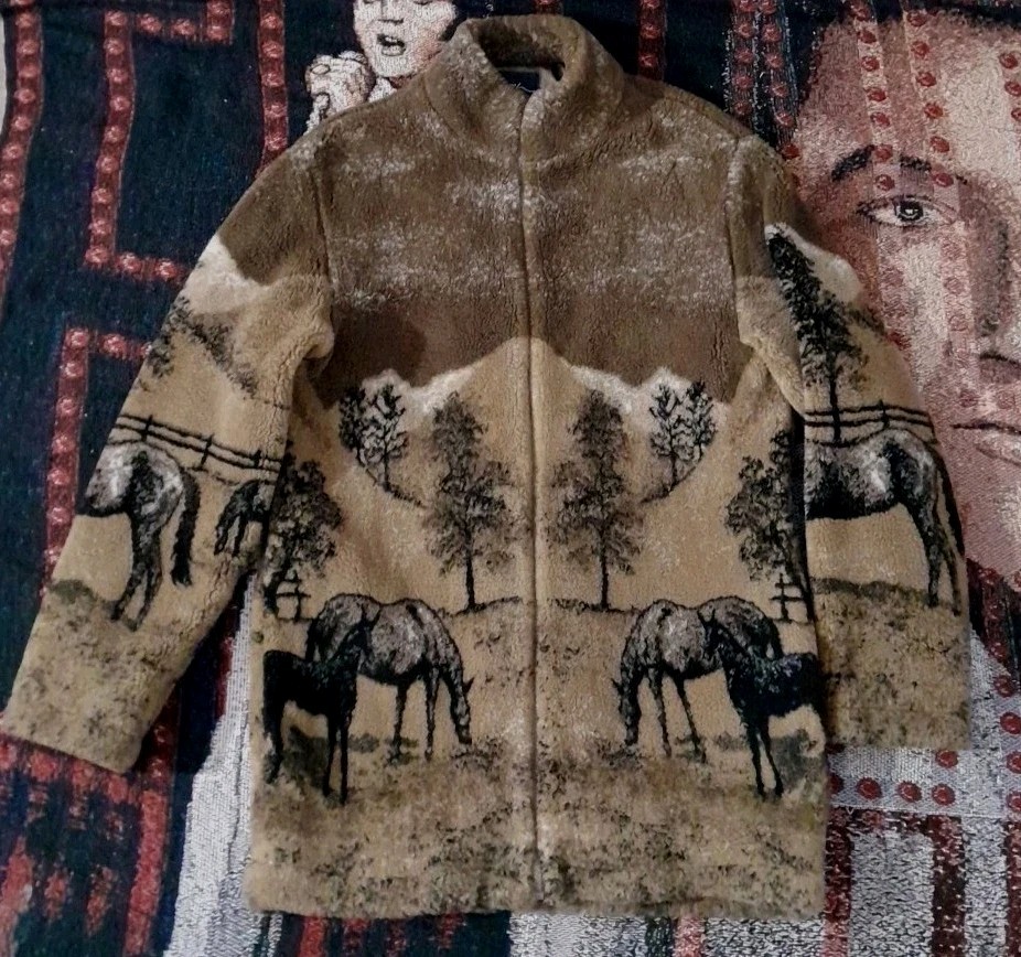 RARE 90s Horse Fleece Zip Up Cowboy Style AOP Size S/M *See Measurements*Dash
