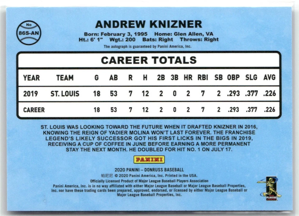 2020 DONRUSS ANDREW KNIZNER RETRO 1986 SIGNATURES CARDINALS AUTO - Image 2 of 2