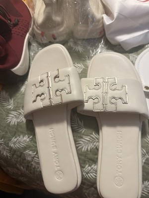 Tory Burch Women s Leather Slide Slip-On Sandals Logo Strap White 10.5