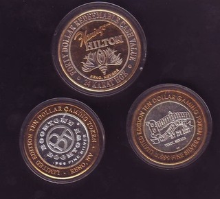 $40 Hilton and 2 $10 Boomtown .999 Silver Casino Gaming Token Souvenir Round