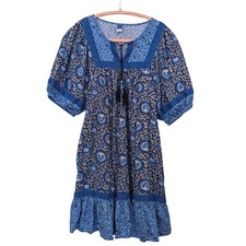 Old Navy Boho Floral Mini Dress M Blue Puff Sleeve Tiered Block Print Pocket