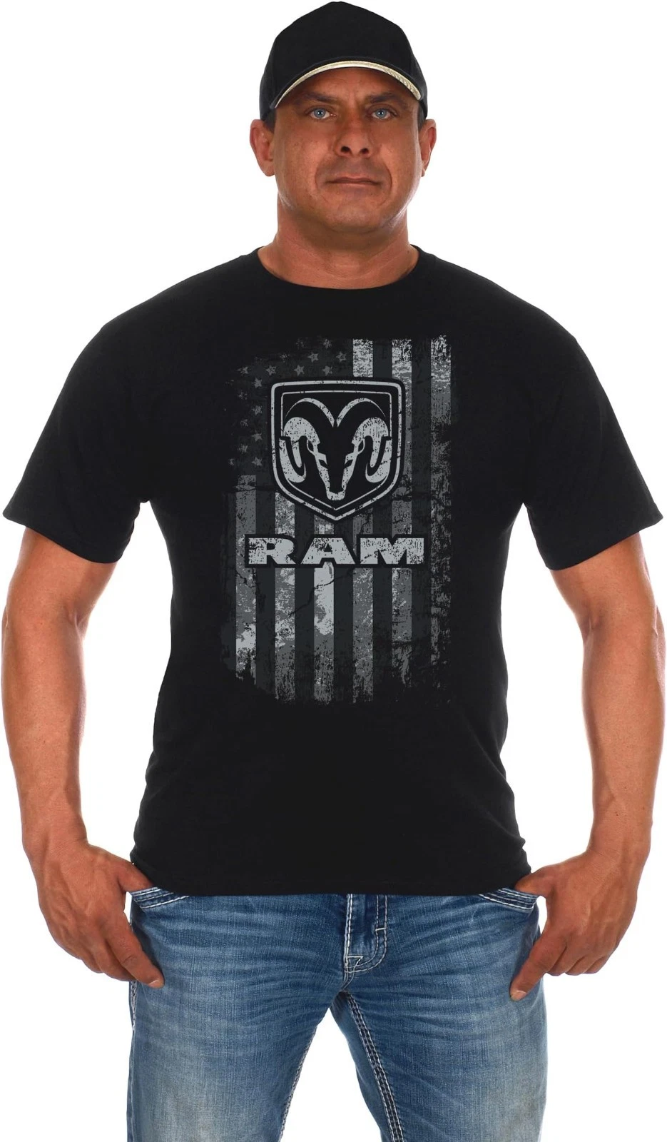 JH Design Men's Dodge Ram T-Shirt American Flag Black Crew Neck Shirt