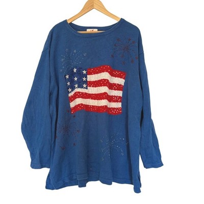 Vtg Quacker Factory American Patriotic USA Flag Fireworks Tunic Sweater Blue 2X
