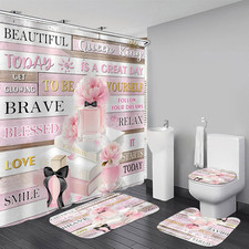 AZHM 4Pcs Shower Curtain Set Pink Fashion Floral Bathroom Decor Inspirational