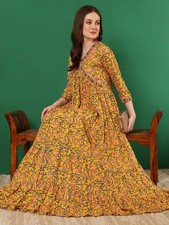 Yellow Kurta Women Printed Flared A Line Bollywood Kurti Gown Dress NEW