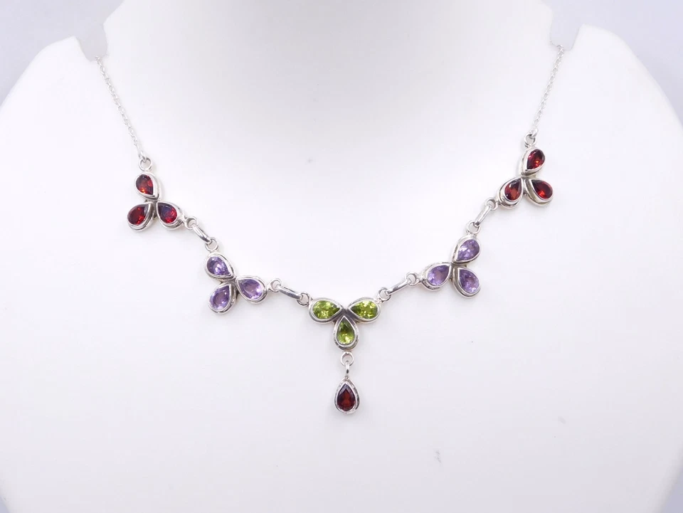 12.96 GM 925 Argento Sterling Naturale Multi Gemma Mano Collana Misura 50.8cm - Immagine 3 di 4