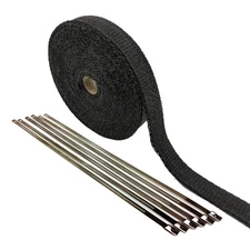 BLACK EXHAUST HEADER WRAP PIPE HEAT TAPE 1" X 50 FEET STAINLESS STEEL TIES KIT