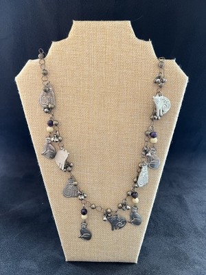 Vintage Early Laurel Burch Silver Tone Cat Charm Purple Beaded Necklace
