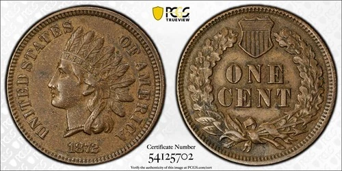 1872 PCGS AU55 Indian Head Cent, Gold Shield IHC Coin Almost Uncirculated