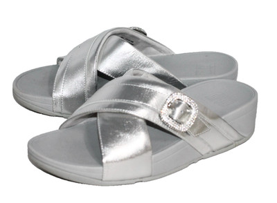 FITFLOP Lulu Crystal Buckle Cross Slide Sandal Wmn Size 7 Silver Leather IG6-011