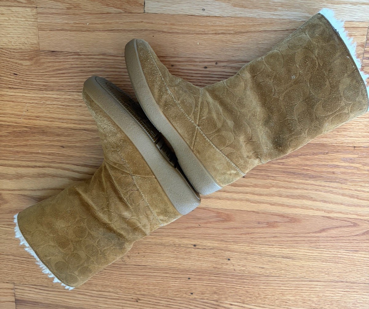 VTG Coach Boots Tan Shearling Logo Fold Over Winter Snow Womens Size 5B Rare image 4