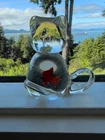 Vintage Hand Made Murano Style Art Glass Paperweight Cat With Red Fish 3"  M73