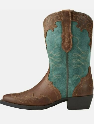 Ariat Kids Zealous Western Boot New Teal Suede/Distressed Brown 9-1/2M Girl Boy - Picture 2 of 7