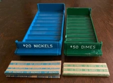 Two MMF Porta-Count Rolled Coin Storage Trays - Blue (Nickels) and Green (Dimes)