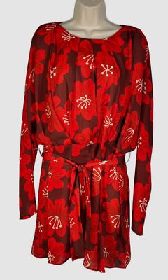 $615 Dodo Bar Or Women's Red Dolman Sleeve Pleated Floral Dress Size 44