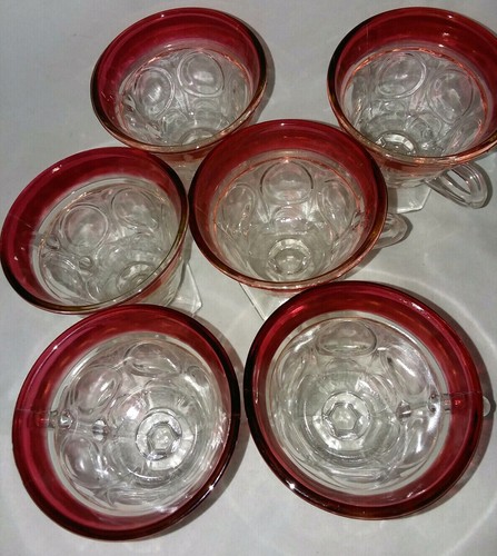 6 Rare 4 Oz Footed Kings Crown Thumbprint Cup Tumblers Ruby Rim Handled Vintage - Picture 2 of 6