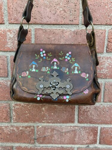 Vintage 70’s Hand Tooled Leather Purse MUSHROOM & FLOWERS Handbag Painted Bag