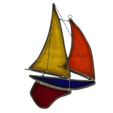 3D Stained Glass Sailboat Orange Red Yellow 7  Sun Catcher Nautical Beach Ocean
