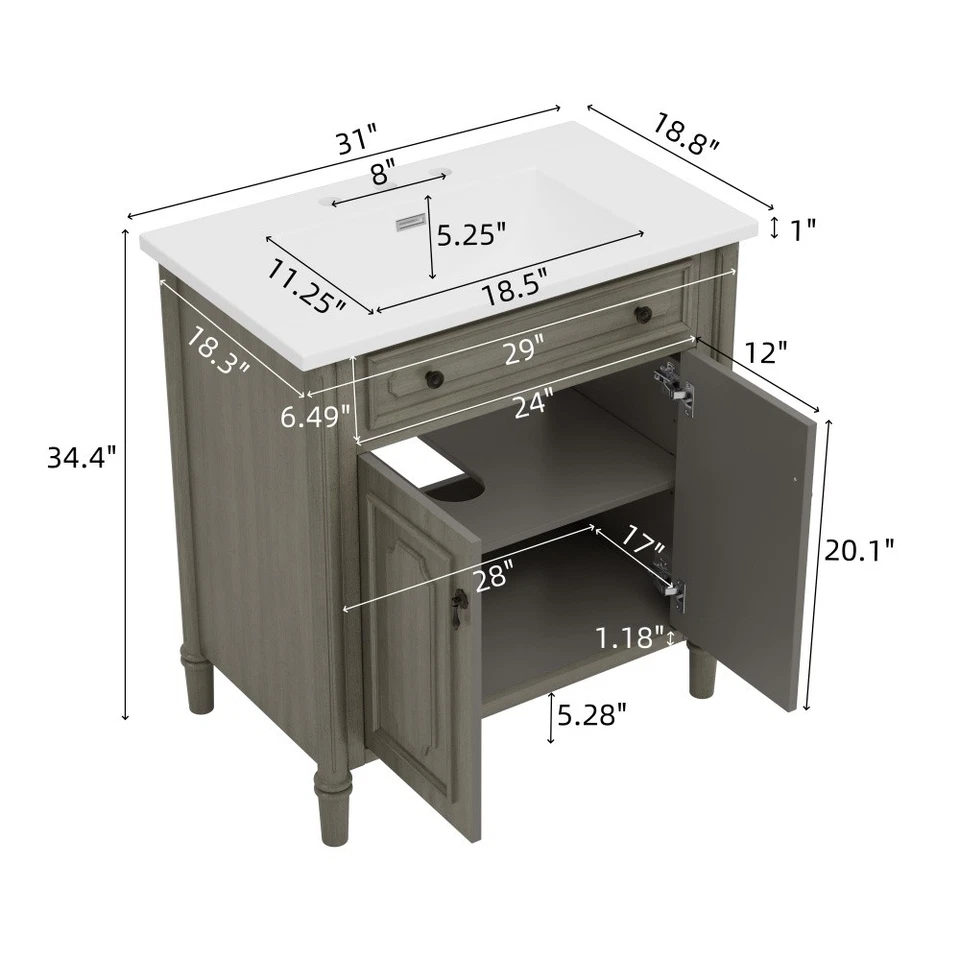 Tocador de baño vintage con lavabo cuenta con puertas de cierre suave y estantes ajustables Foto 3 de 4