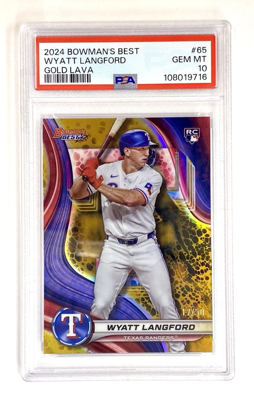 2024 BOWMANS BEST 65 WYATT LANGFORD RC GOLD /50 RANGERS PSA 10 (POP 3)