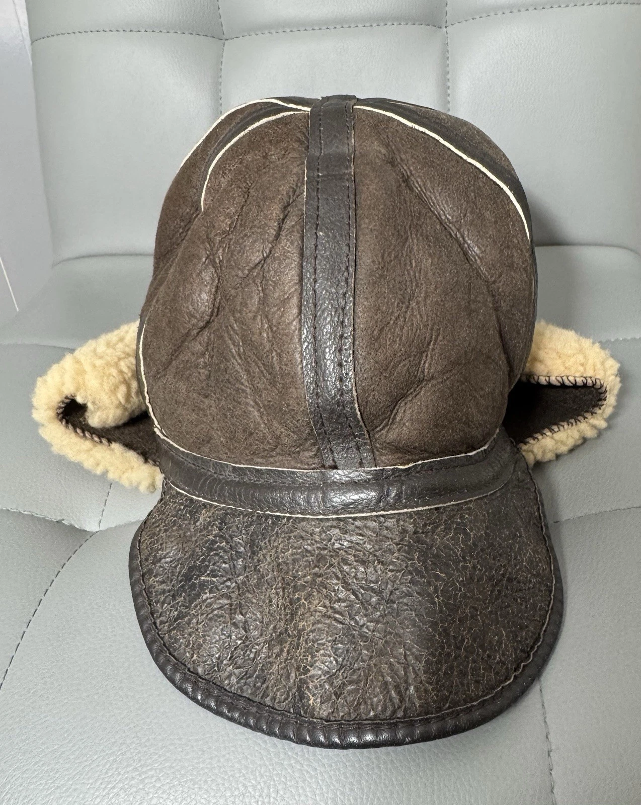 VintageLeather Men'sBrown Shearling Lined Trapper Hat Ear Flap Insulated Retro S
