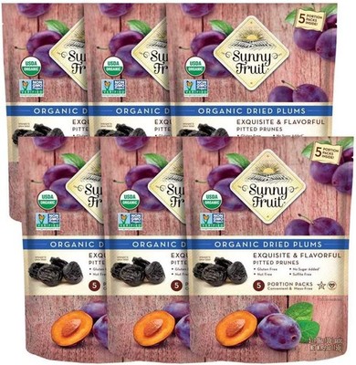 Sunny Fruit Soft Organic Prunes - 6 Bags (30 Individual Portion Packs) | No Pres