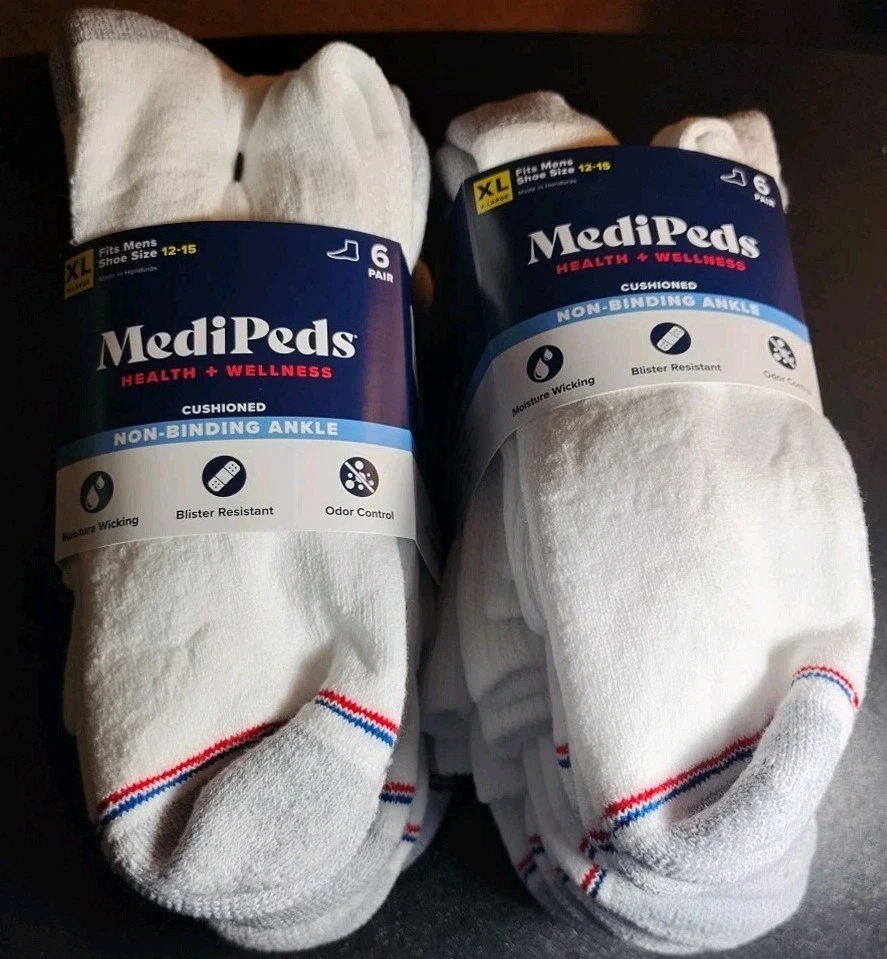 LOT of 2 MediPeds Men's Non-Binding Cushioned Ankle Socks, 6-Pairs Each XL 12-15