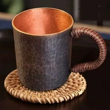  Pure Copper Coffee Cup Handcrafted Engraving Hammer Texture Woven Handle Mug