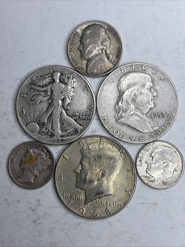 Collectors Lot 6 Silver Coins,1Walking,1 Franklin,1Kennedy,2Dimes,1 War Nickel