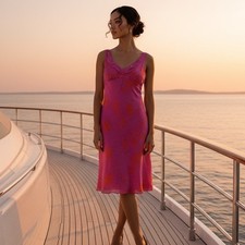 Tahari Pink Orange Floral Silk Midi Dress V-Neck Ruffle Size 4 NWT Neiman Marcus