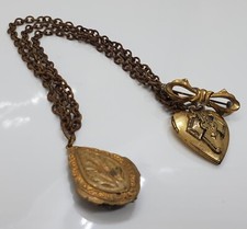 Vintage Fob Brooch Locket Gold Tone Heart Bow Multi Chain Portrait 7