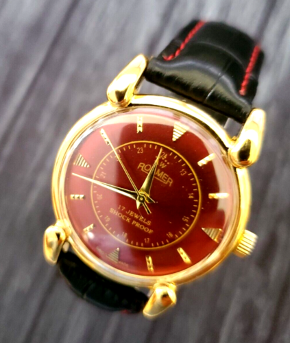 RARO Orologio Meccanico Roamer Brevete Dauphine Svizzero da Uomo ROSSO Quadrante Satinato Manutenzione - Foto 5 di 8
