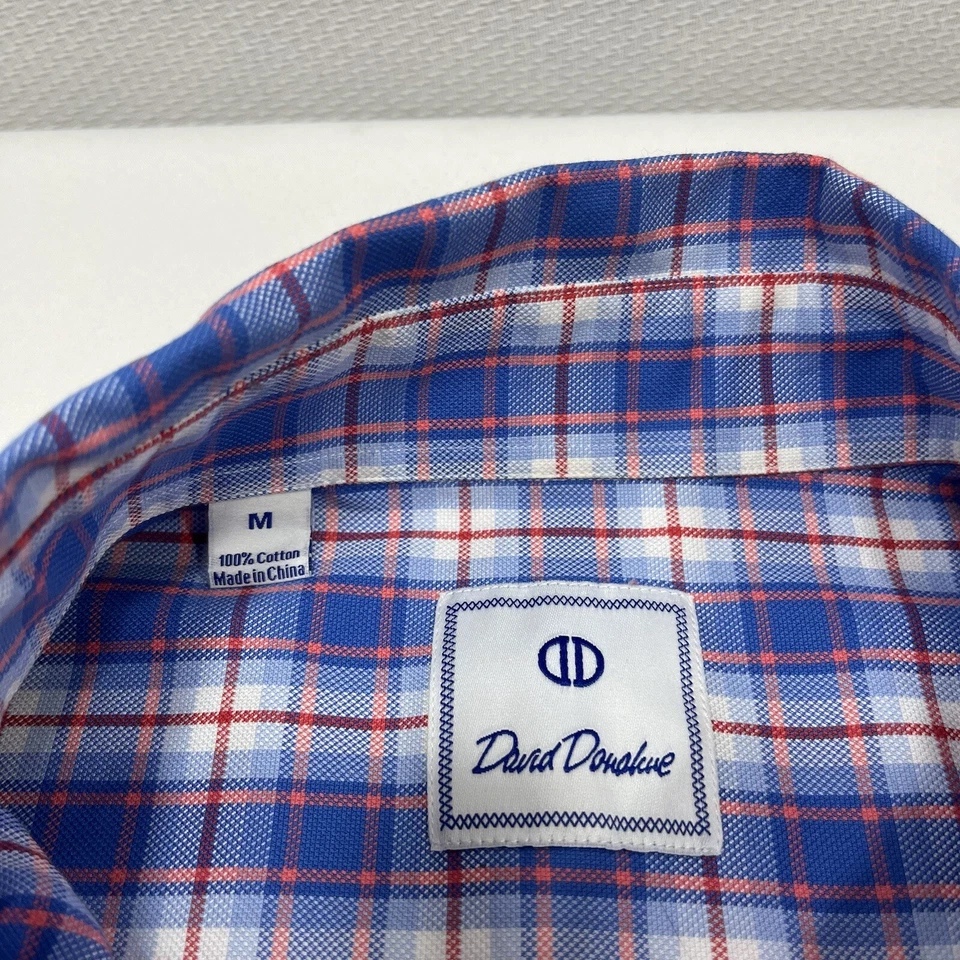 David Donahue Shirt Men M Blue Plaid Checks 100% Cotton Shirt Sleeve Button Up - Image 3 of 4