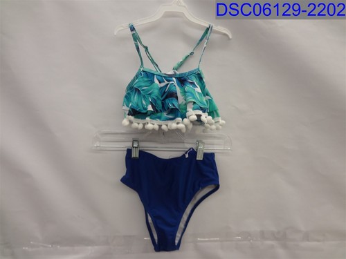 Hilor Girls 8-9 Bikini Tankini Aqua Blue Two Piece Swimsuit High cut Pom Poms - 第 1/5 張圖片