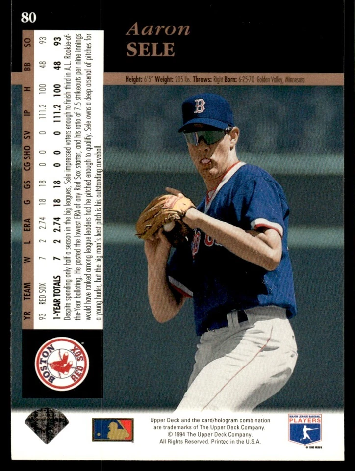 1994 Upper Deck Aaron Sele Boston Red Sox #80 - Image 2 of 2