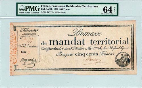 France 500 Francs P#A86b (1796) *Single Highest Graded* PMG 64 Net - Picture 2 of 3