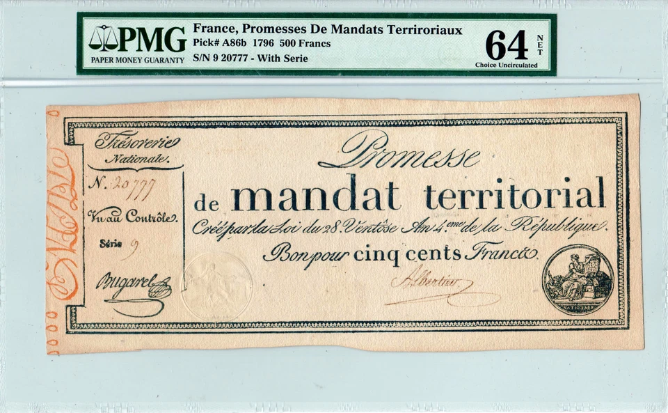France 500 Francs P#A86b (1796) *Single Highest Graded* PMG 64 Net - Image 2 of 3