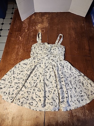 Ixia Women’s Cat Print Fit & Flare Dress White & Black Retro Style USA Medium